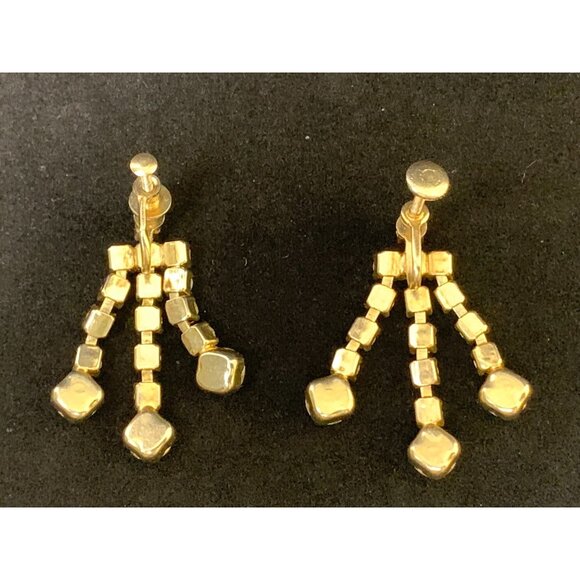 VTG Aurora Borealis Rhinestone Dangle Screw Back Earrings Gold Tone Multi-Row - Picture 6 of 8